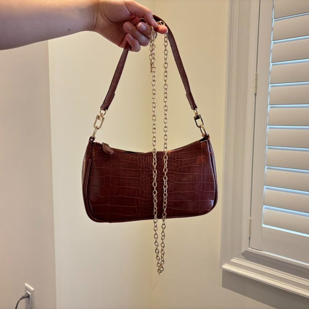 Croc-Embossed Shoulder Bag in Cognac Brown - Picture 3 of 3
